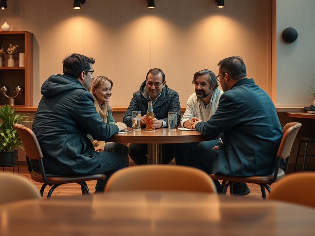 Группа людей обсуждает что-то за столом в уютном интерьере кафе. Атмосфера дружеская и расслабленная.