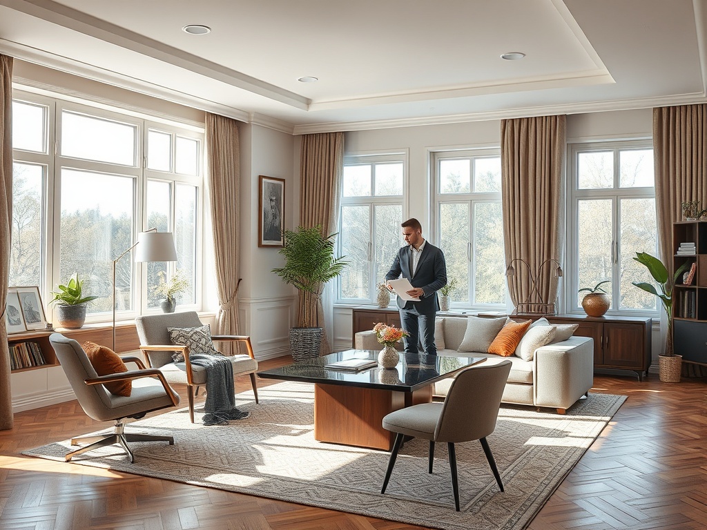 Современный светлый офис с удобной мебелью и большим количеством окон. Мужчина читает документы.