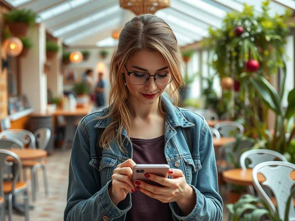 Девушка в джинсовой куртке сидит в кафе и смотрит в телефон, вокруг растения и уютная обстановка.