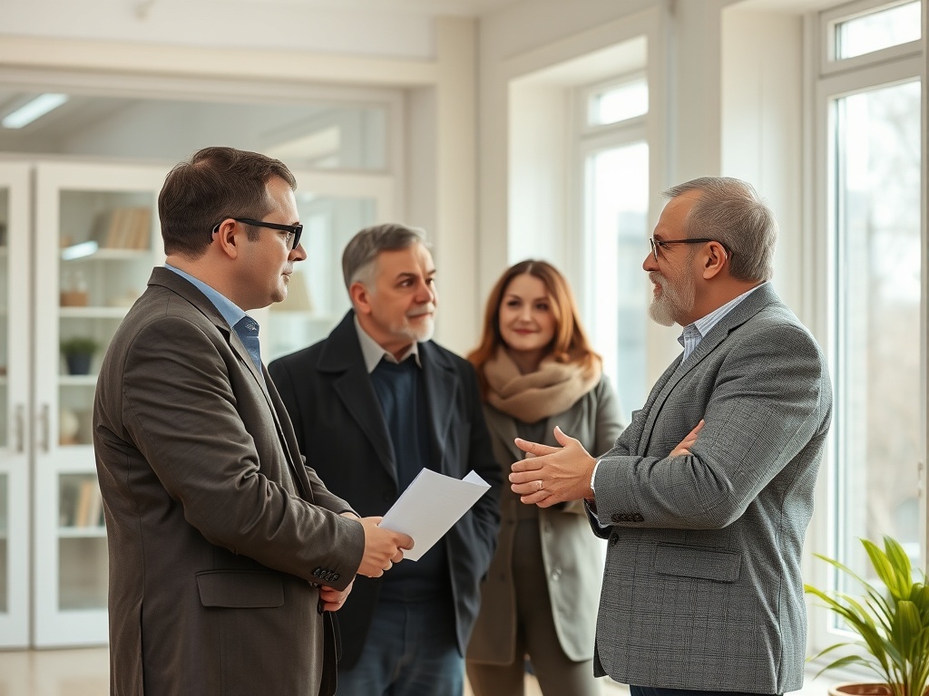 Четыре человека ведут разговор в светлом помещении, двое мужчин в костюмах, женщина в пальто и свитере.