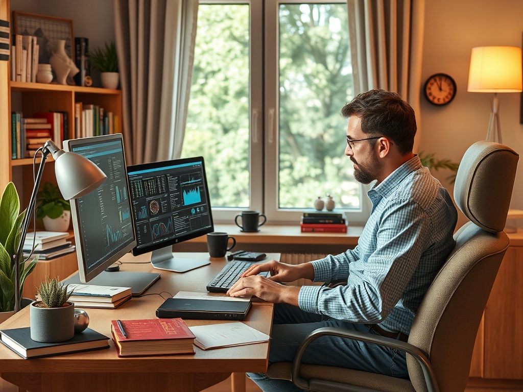 Мужчина работает за компьютером в уютном офисе с двумя мониторами и видами на природу за окном.