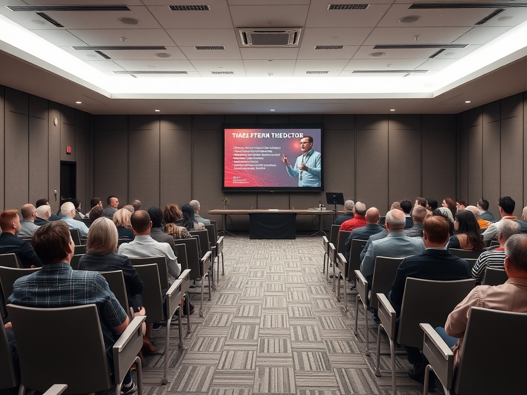 Аудитория слушает лекцию. На экране - презентация с текстом и изображением выступающего.