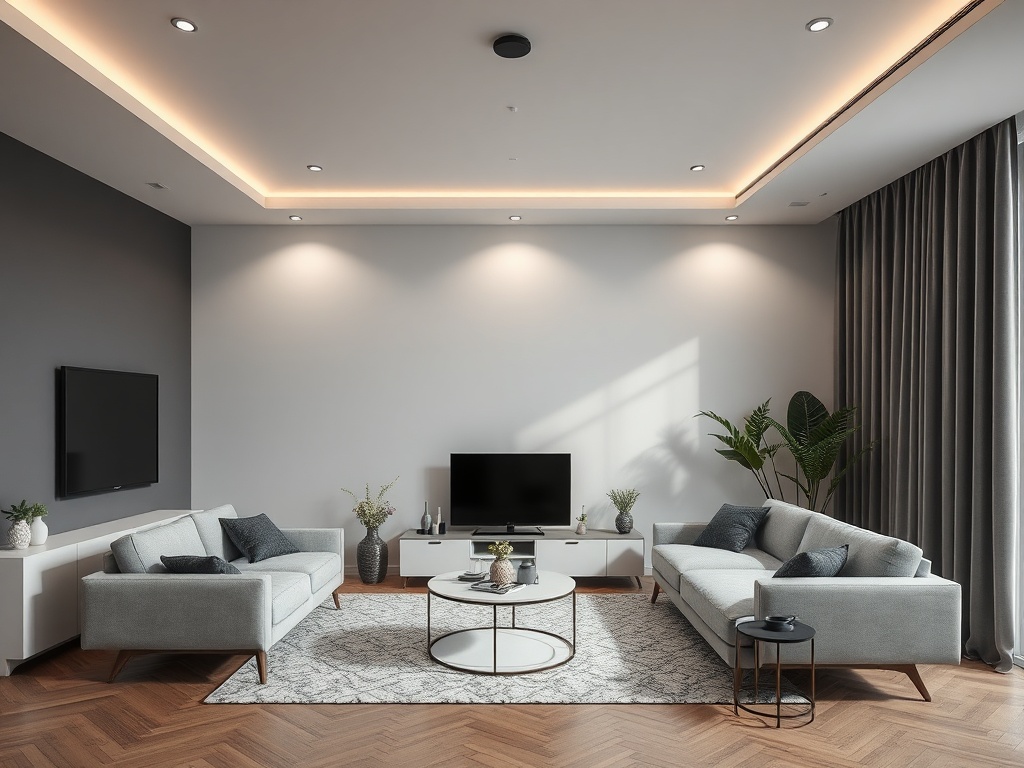 Современная гостиная с серыми диванами, телевизором, растениями и стильным освещением. Теплая атмосфера.