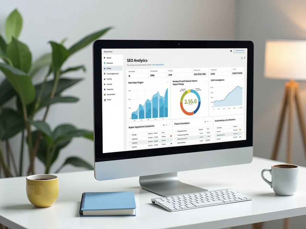 На компьютере отображаются графики и аналитика SEO, вокруг — растения и чашки с кофе.