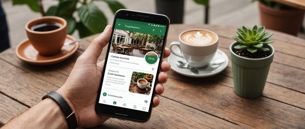 Рука держит смартфон с открытым приложением кафе, на столе чашка кофе и суккулент.
